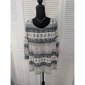 Billabong Top Women's Sz M Boho Paisley Blue White Crinkle Tunic Peasant Hippie